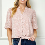 Short Sleeve V-Ruffle Neck Tie Front Blouse in Blush
