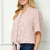 Short Sleeve V-Ruffle Neck Tie Front Blouse in Blush