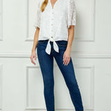 Short Sleeve Ruffle V-Neck Tie Front Blouse in Ivory