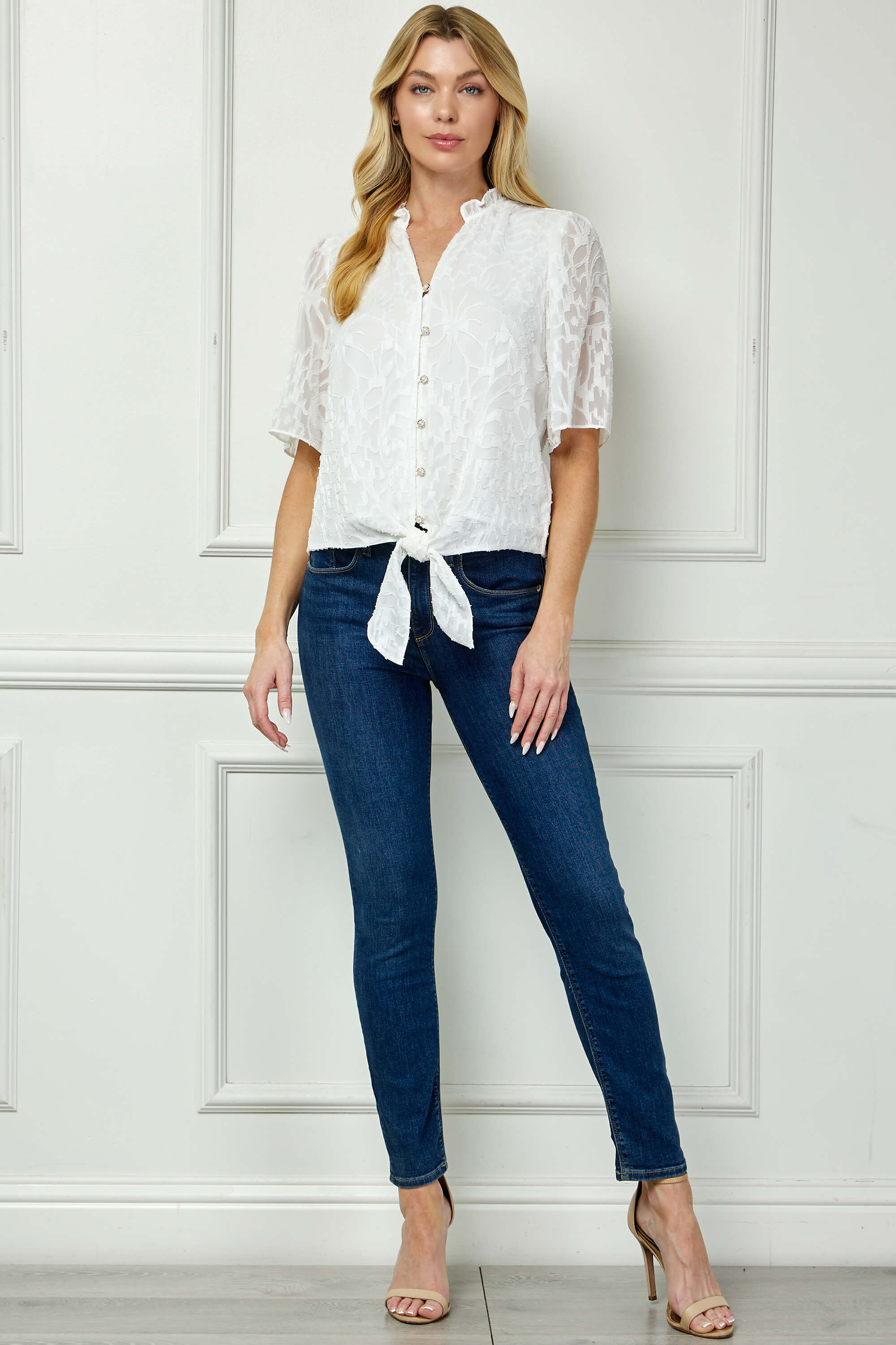 dress blouse women Short Sleeve Ruffle V-Neck Tie Front Blouse in Ivory Ivory / L