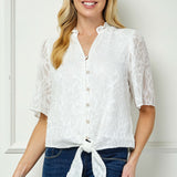Short Sleeve Ruffle V-Neck Tie Front Blouse in Ivory
