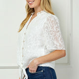 Short Sleeve Ruffle V-Neck Tie Front Blouse in Ivory