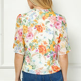 Short Sleeve V-Ruffle Neck Tie Front Blouse in Ivory/Coral/Pink
