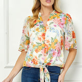 Short Sleeve V-Ruffle Neck Tie Front Blouse in Ivory/Coral/Pink