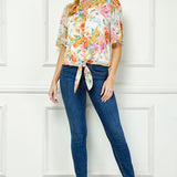Short Sleeve V-Ruffle Neck Tie Front Blouse in Ivory/Coral/Pink
