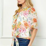 Short Sleeve V-Ruffle Neck Tie Front Blouse in Ivory/Coral/Pink