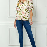 Ruffle Tie Sleeve V-Neck Bubble Blouse in Yellow