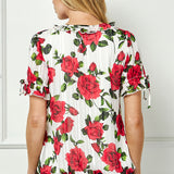 Tie Neck Ruffle Sleeve Bubble Blouse in Ivory/Red