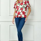 Tie Neck Ruffle Sleeve Bubble Blouse in Ivory/Red