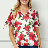 Tie Neck Ruffle Sleeve Bubble Blouse in Ivory/Red