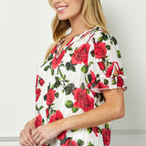 Tie Neck Ruffle Sleeve Bubble Blouse in Ivory/Red