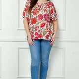 Short Sleeve Beaded Tie Neck Mandarin Collar Blouse in Ivory - Plus