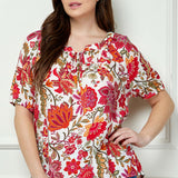 Short Sleeve Beaded Tie Neck Mandarin Collar Blouse in Ivory - Plus