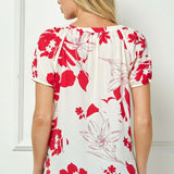 Short Sleeve Beaded Tie Neck Mandarin Collar Blouse in Red/Cream