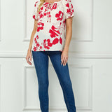 Short Sleeve Beaded Tie Neck Mandarin Collar Blouse in Red/Cream