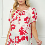 Short Sleeve Beaded Tie Neck Mandarin Collar Blouse in Red/Cream