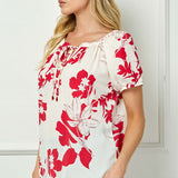 Short Sleeve Beaded Tie Neck Mandarin Collar Blouse in Red/Cream