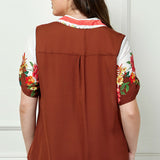 Button Tab Sleeve Tie-Front Print Blouse in Brown/Ivory/Red - Plus