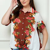 Button Tab Sleeve Tie-Front Print Blouse in Brown/Ivory/Red - Plus