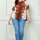 Button Tab Sleeve Tie-Front Print Blouse in Brown/Ivory/Red - Plus
