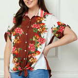 Button Tab Sleeve Tie-Front Print Blouse in Brown/Ivory/Red - Plus