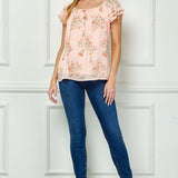 Double Flutter Sleeve Beaded Tie Neck Blouse in Peach