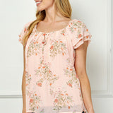 Double Flutter Sleeve Beaded Tie Neck Blouse in Peach
