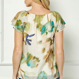Flutter Sleeve Beaded Tie Blouse in Beige/Teal/Olive