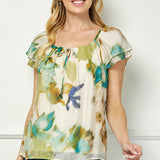 Flutter Sleeve Beaded Tie Blouse in Beige/Teal/Olive
