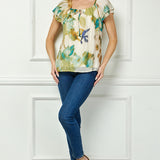 Flutter Sleeve Beaded Tie Blouse in Beige/Teal/Olive