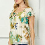 Flutter Sleeve Beaded Tie Blouse in Beige/Teal/Olive