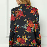 Long Cuff Sleeve Tie Neck Button Blouse in Black