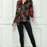 Long Cuff Sleeve Tie Neck Button Blouse in Black