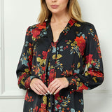 Long Cuff Sleeve Tie Neck Button Blouse in Black