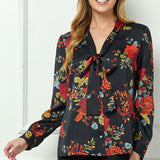 Long Cuff Sleeve Tie Neck Button Blouse in Black