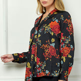 Long Cuff Sleeve Tie Neck Button Blouse in Black