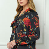 Long Cuff Sleeve Tie Neck Button Blouse in Black