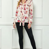 Long Cuff Sleeve Tie Neck Button Blouse in Pink