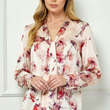 Long Cuff Sleeve Tie Neck Button Blouse in Pink