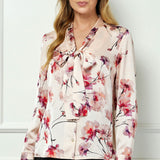 Long Cuff Sleeve Tie Neck Button Blouse in Pink