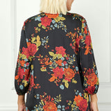 3/4 Cuff Sleeve Tie Neck Button Blouse in Black - Plus