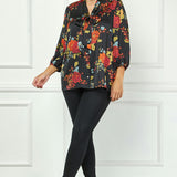 3/4 Cuff Sleeve Tie Neck Button Blouse in Black - Plus