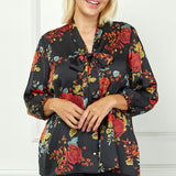 3/4 Cuff Sleeve Tie Neck Button Blouse in Black - Plus
