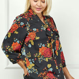 3/4 Cuff Sleeve Tie Neck Button Blouse in Black - Plus