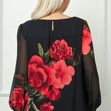 Long Sleeve Pleat Neck Placement Print Bubble Blouse in Black - Plus