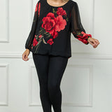 Long Sleeve Pleat Neck Placement Print Bubble Blouse in Black - Plus