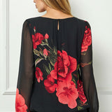 Long Sleeve Pleat Neck Placement Print Bubble Blouse in Black