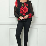 Long Sleeve Pleat Neck Placement Print Bubble Blouse in Black