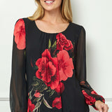 Long Sleeve Pleat Neck Placement Print Bubble Blouse in Black