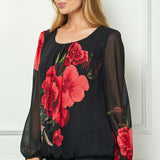 Long Sleeve Pleat Neck Placement Print Bubble Blouse in Black